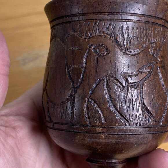 Vintage 6" African Hand-Carved Rhino And Elephant Wood Wine Drinking Cup Goblet - Picture 8 of 15